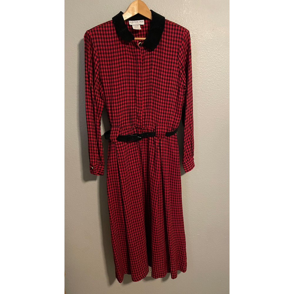 Vintage Bedford Fair Shirt Dress Womens 10 Red Check Plaid Maxi Belted Academia